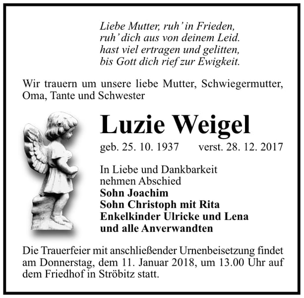 Traueranzeige Luzie Weigel