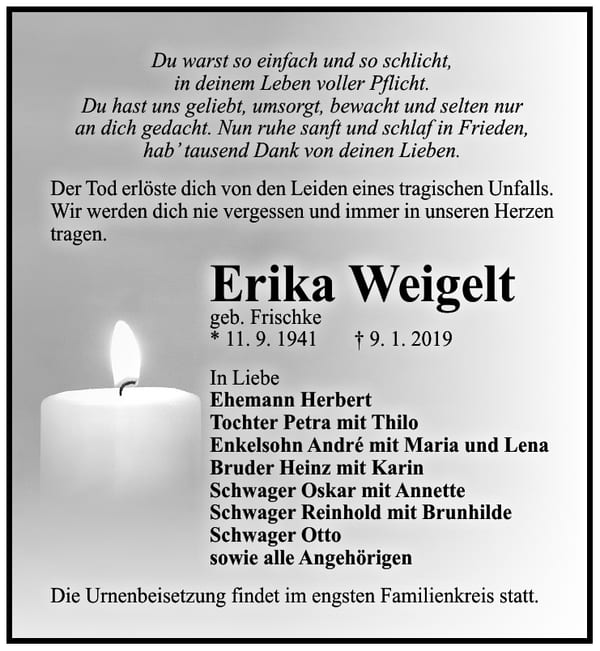 Traueranzeige Erika Weigelt, geb. Frischke