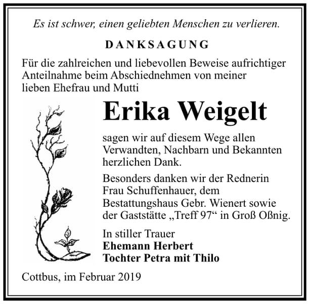 Traueranzeige Erika Weigelt