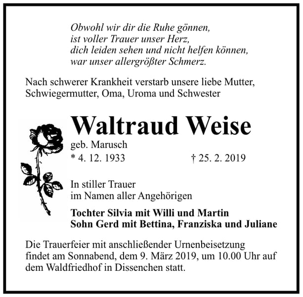 Traueranzeige Waltraud Weise, geb. Marusch