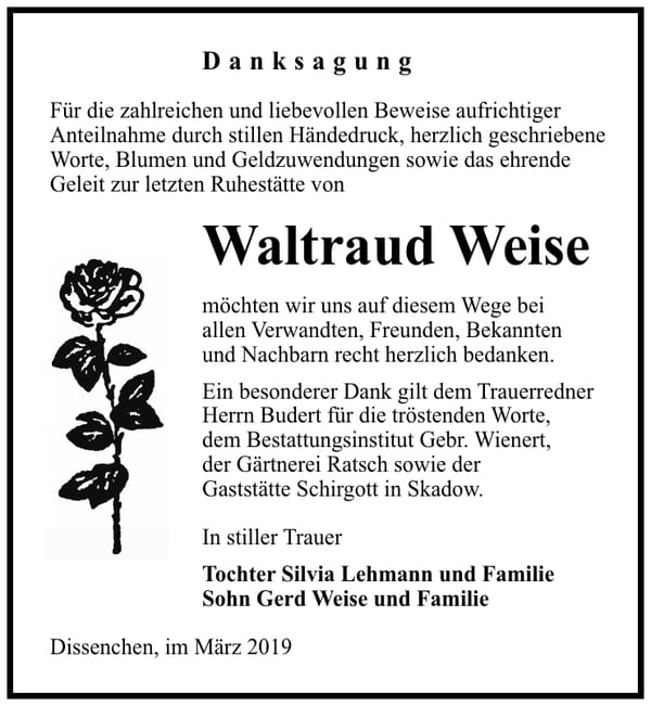 Traueranzeige Waltraud Weise