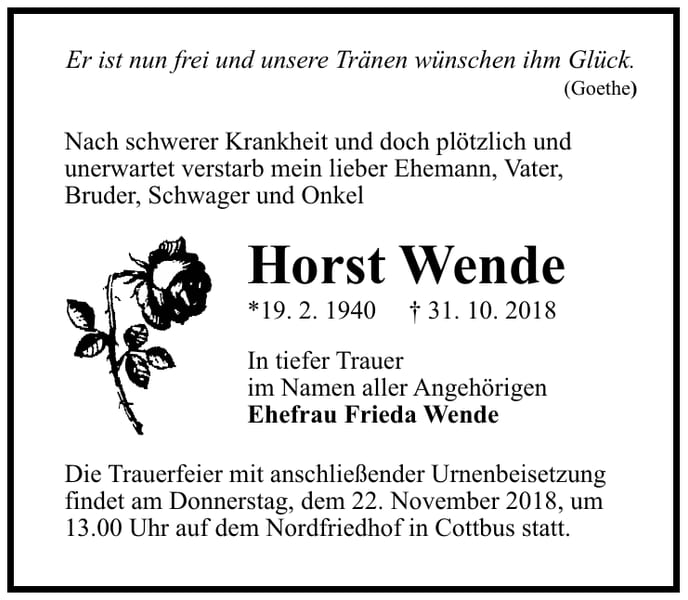 Traueranzeige Horst Wende
