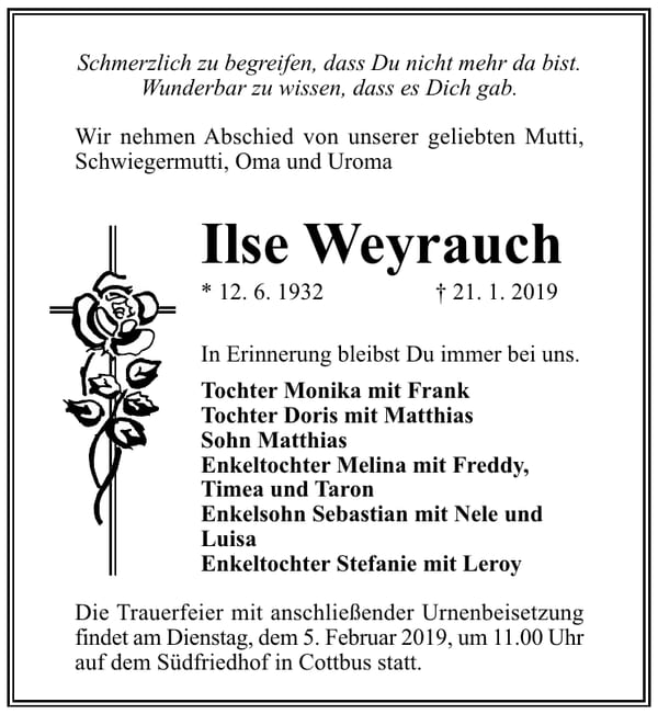 Traueranzeige Ilse Weyrauch