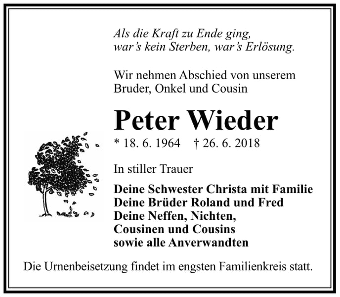 Traueranzeige Peter Wieder