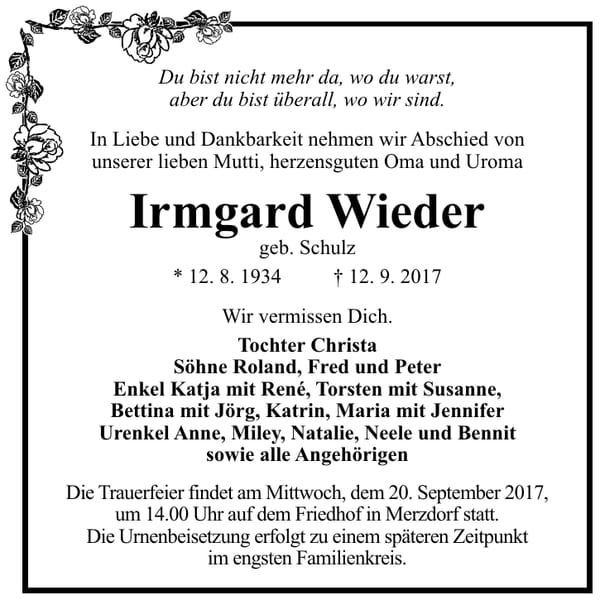 Traueranzeige Irmgard Wieder, geb. Schulz