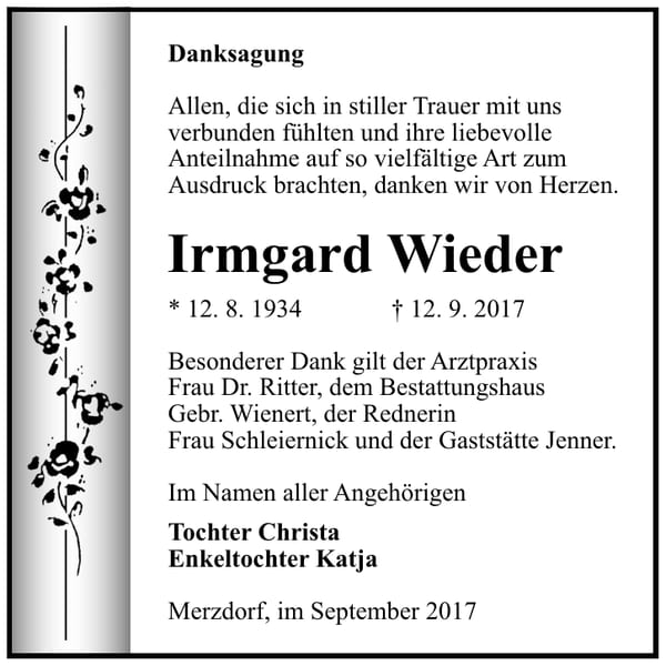 Danksagung Irmgard Wieder