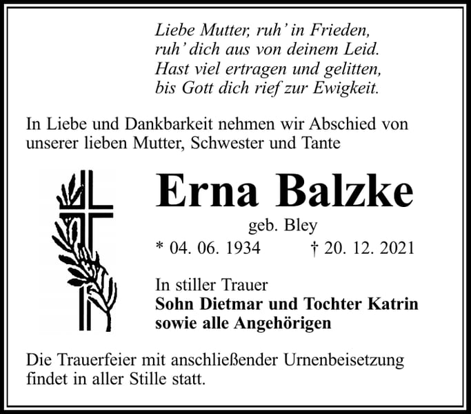 Traueranzeige Erna Balzke, geb. Bley