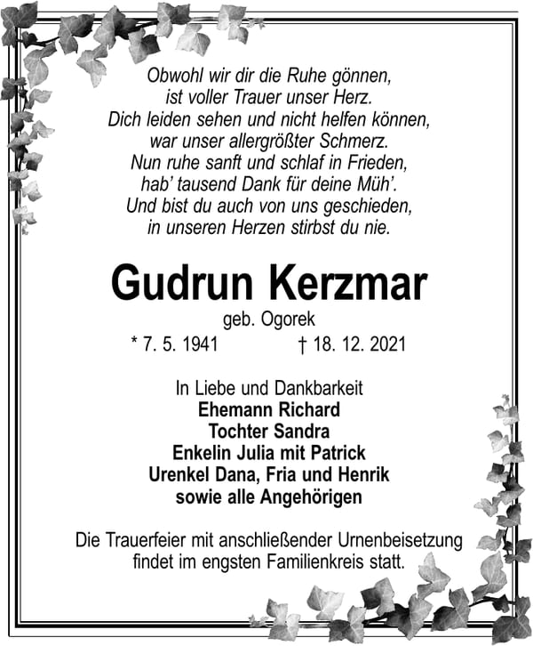 Traueranzeige Gudrun Kerzmar, geb. Ogorek