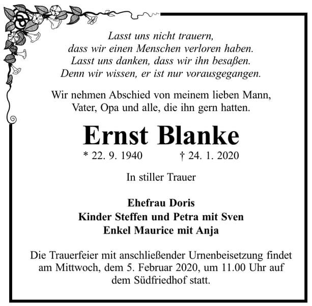 Traueranzeige Ernst Blanke