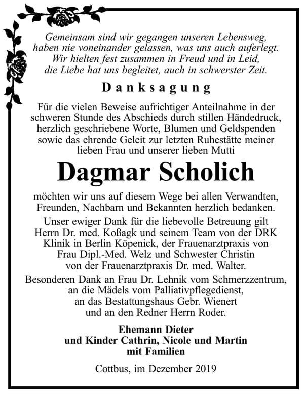 Danksagung Dagmar Scholich