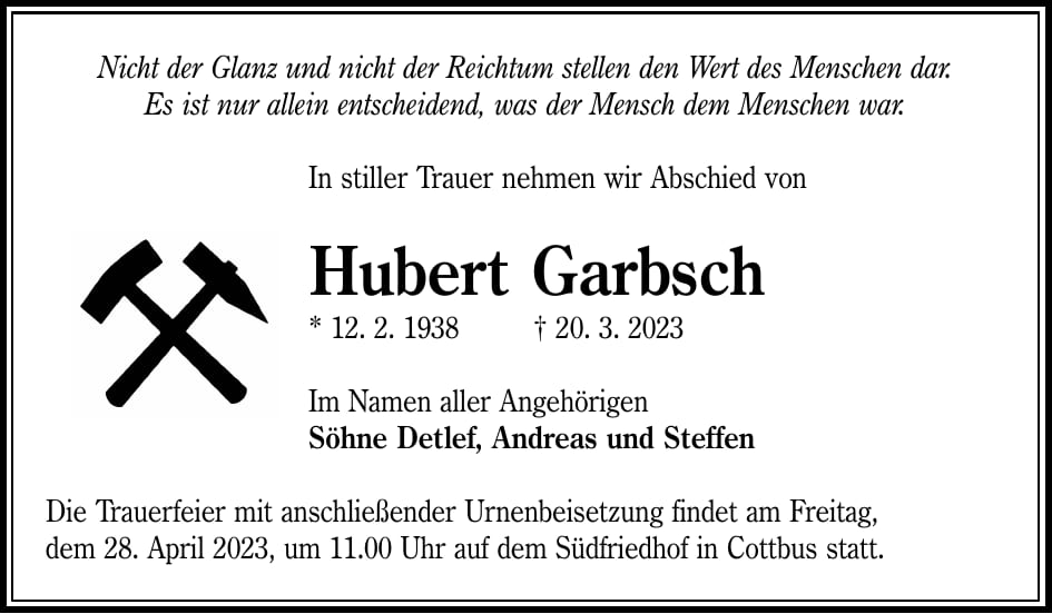 Traueranzeige Hubert Garbsch