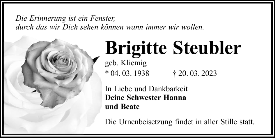 Traueranzeige Brigitte Steubler, geb. Kliemig