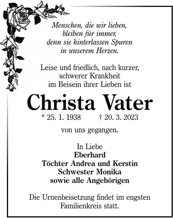 Traueranzeige Christa Vater