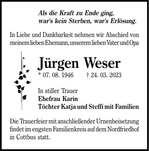 Traueranzeige Jürgen Weser