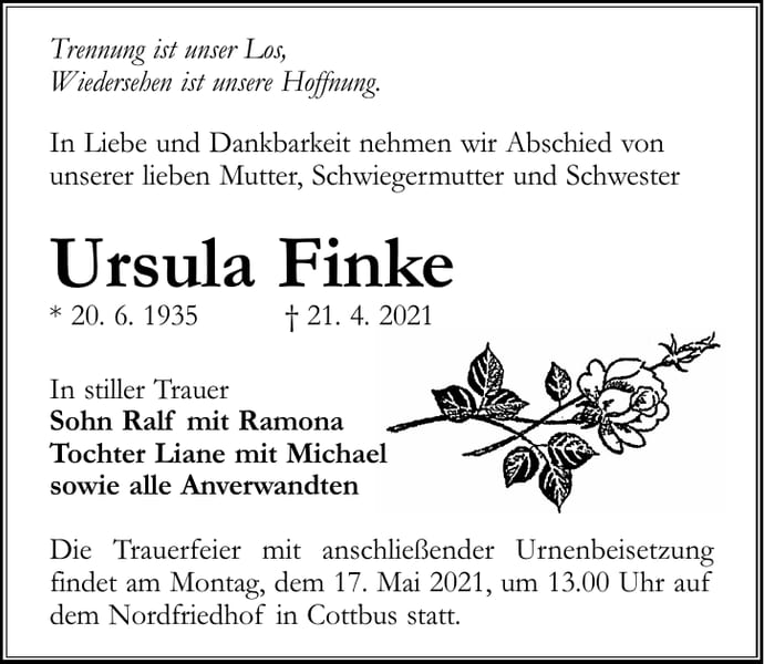 Traueranzeige Ursula Finke