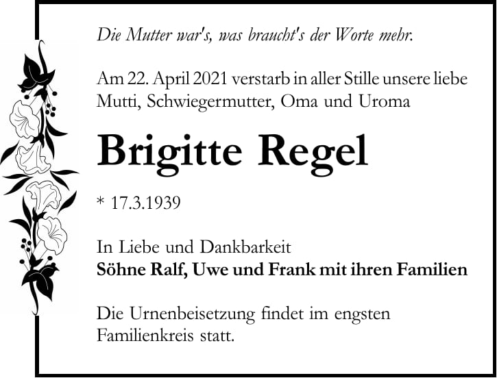 Traueranzeige Brigitte Regel