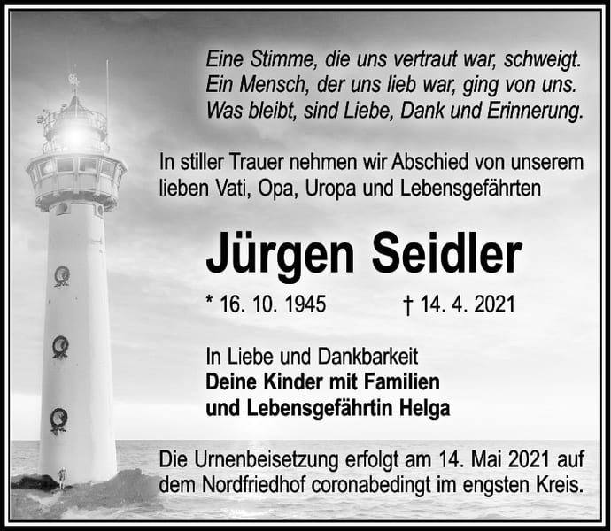 Traueranzeige Jürgen Seidler
