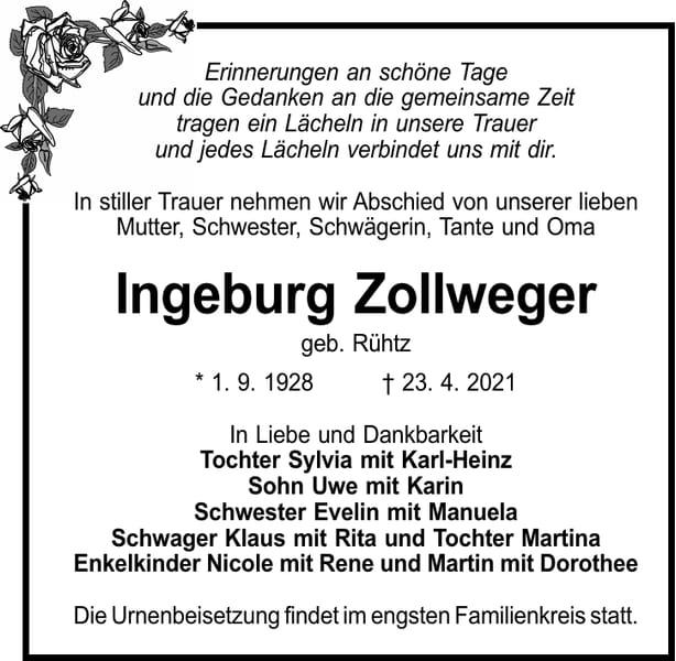 Traueranzeige Ingeburg Zollweger, geb. Rühtz