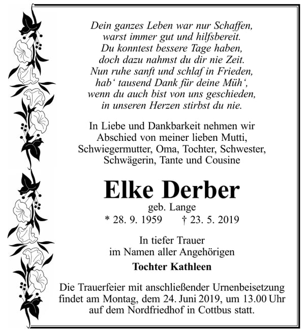 Traueranzeige Elke Derber, geb. Lange