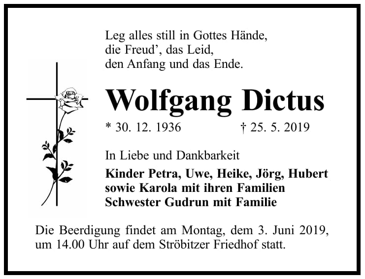 Traueranzeige Wolfgang Dictus