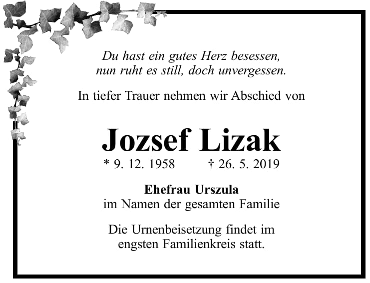 Traueranzeige Jozsef Lizak