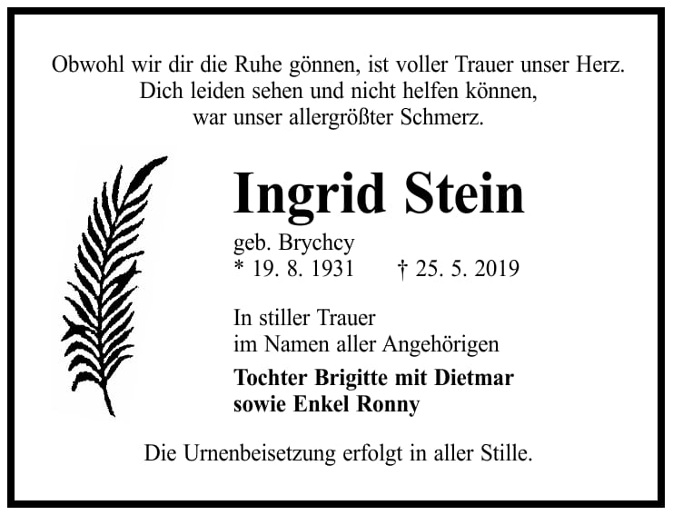 Traueranzeige Ingrid Stein, geb. Brychcy