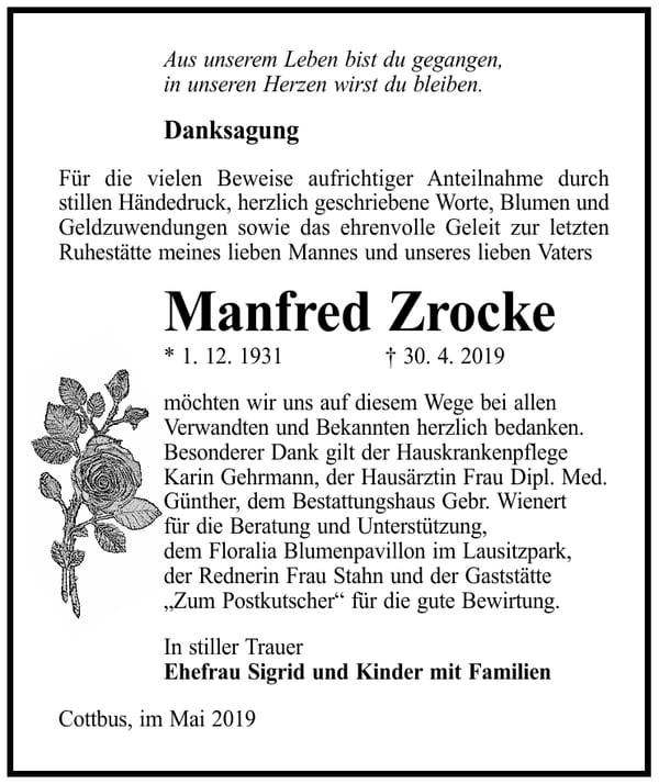Traueranzeige Manfred Zrocke