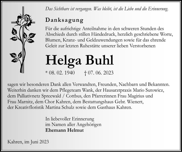Danksagung Helga Buhl