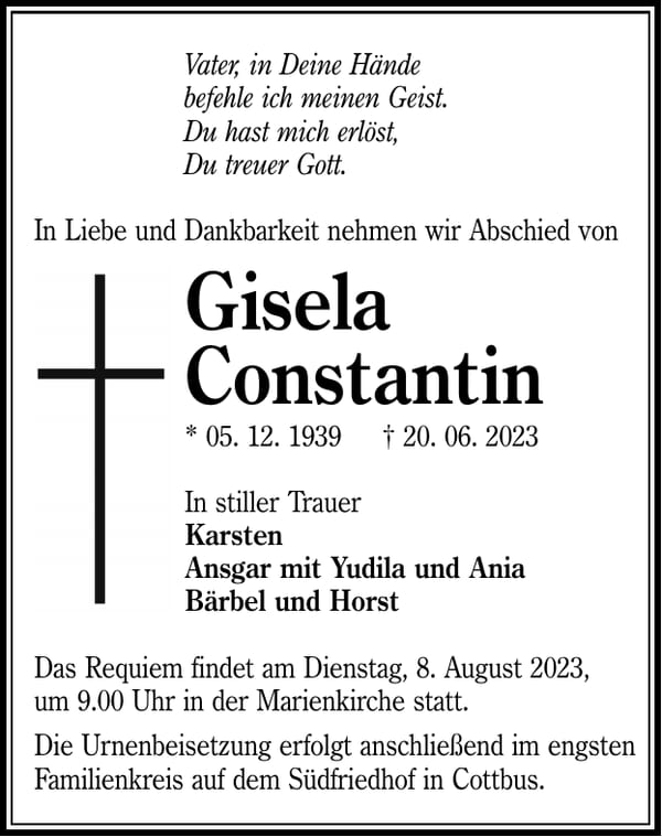 Traueranzeige Gisela Constantin
