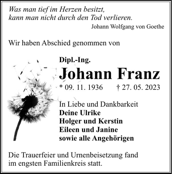 Traueranzeige Johann Franz
