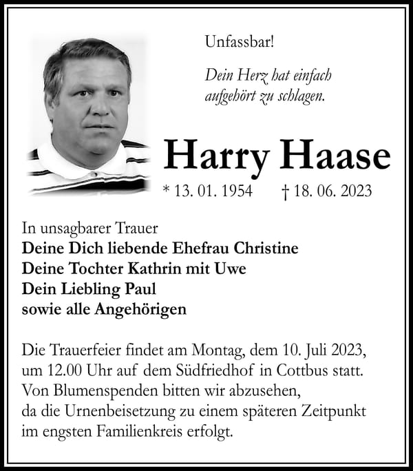 Traueranzeige Harry Haase