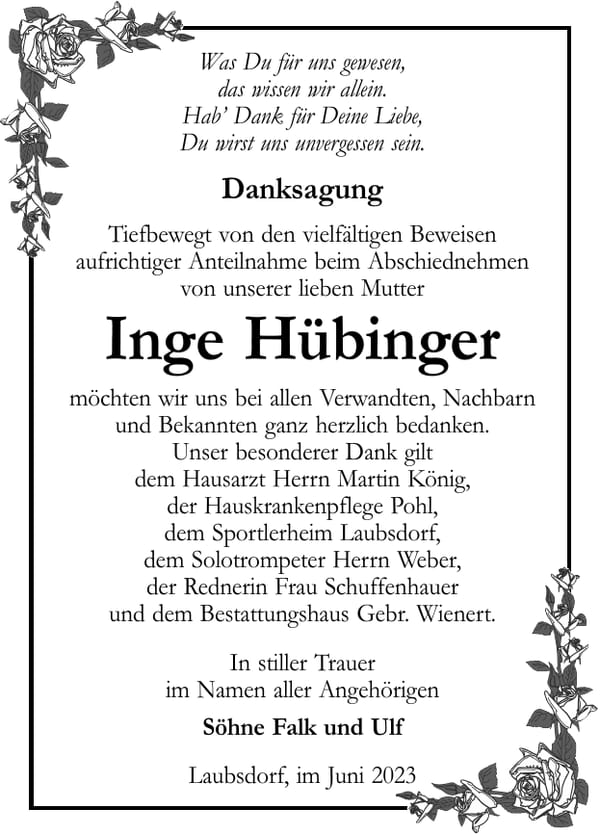 Danksagung Inge Hübinger