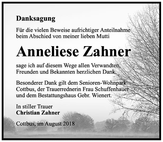 Danksagung Anneliese Zahner