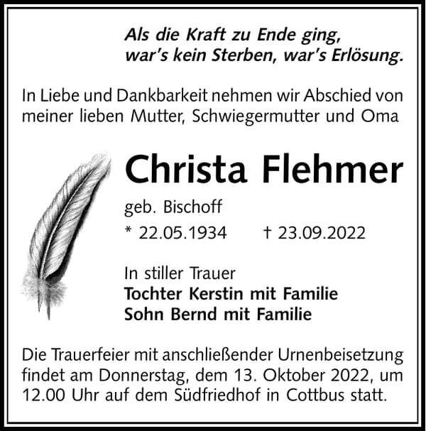 Traueranzeige Christa Flehmer, geb. Bischoff