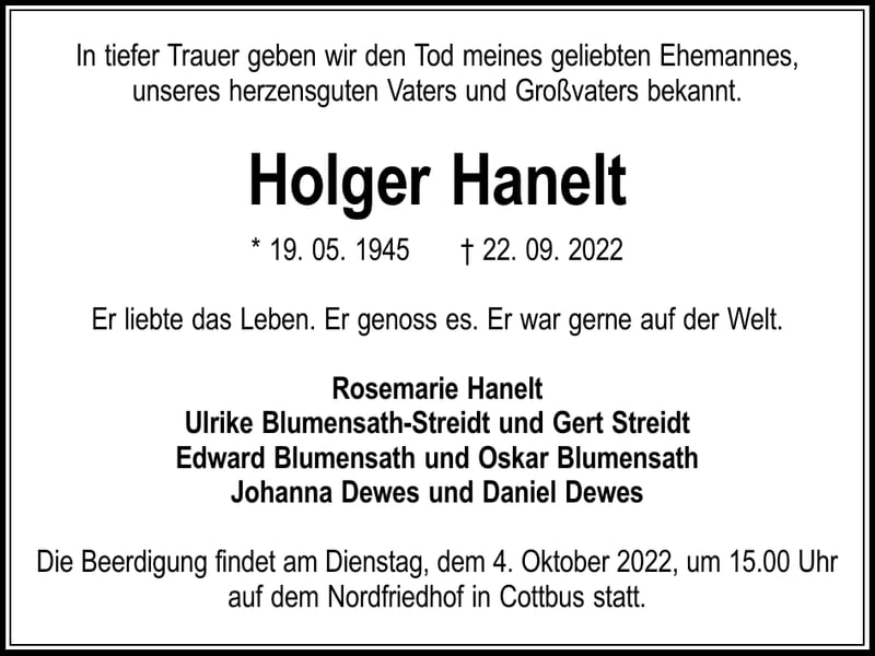 Traueranzeige Holger Hanelt