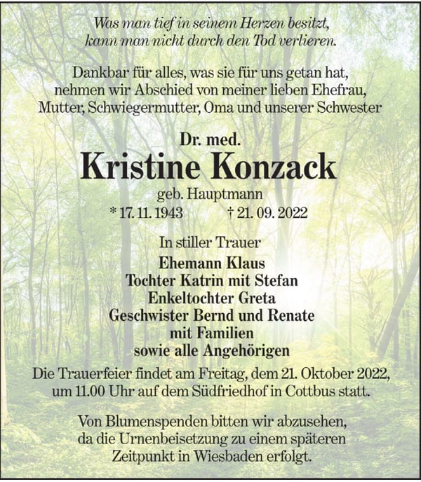 Traueranzeige Dr. med. Kristine Konzack, geb. Hauptmann