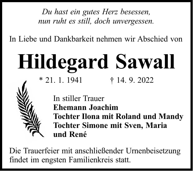 Traueranzeige Hildegard Sawall