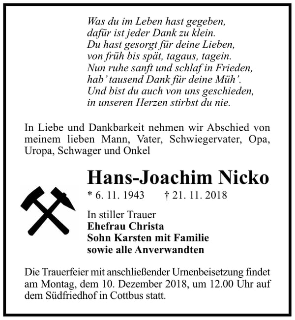 Traueranzeige Hans-Joachim Nicko
