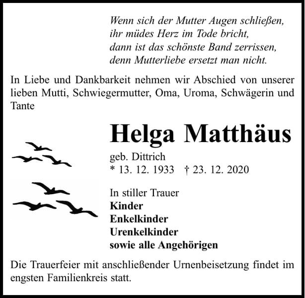 Traueranzeige Helga Matthäus, geb. Dittrich