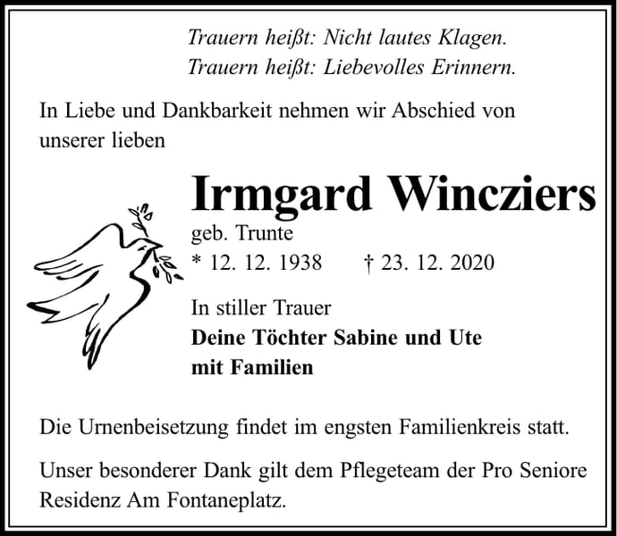 Traueranzeige Irmgard Wincziers, geb. Trunte