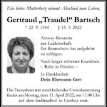 Traueranzeige Gertraud „Traudel“ Bartsch