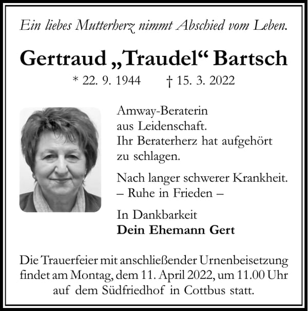 Traueranzeige Gertraud „Traudel“ Bartsch