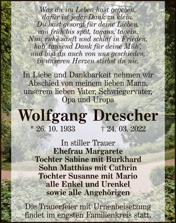 Traueranzeige Wolfgang Drescher
