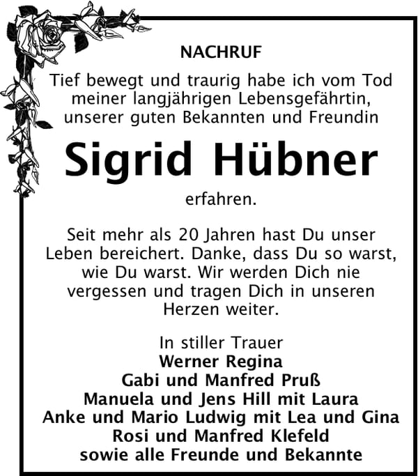 Nachruf Sigrid Hübner