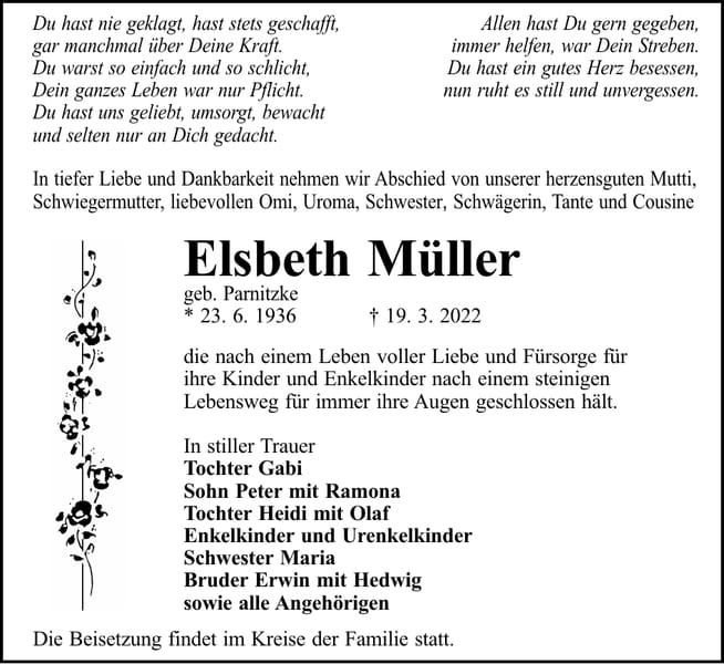 Traueranzeige Elsbeth Müller, geb. Parnitzke