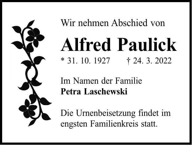 Traueranzeige Alfred Paulick
