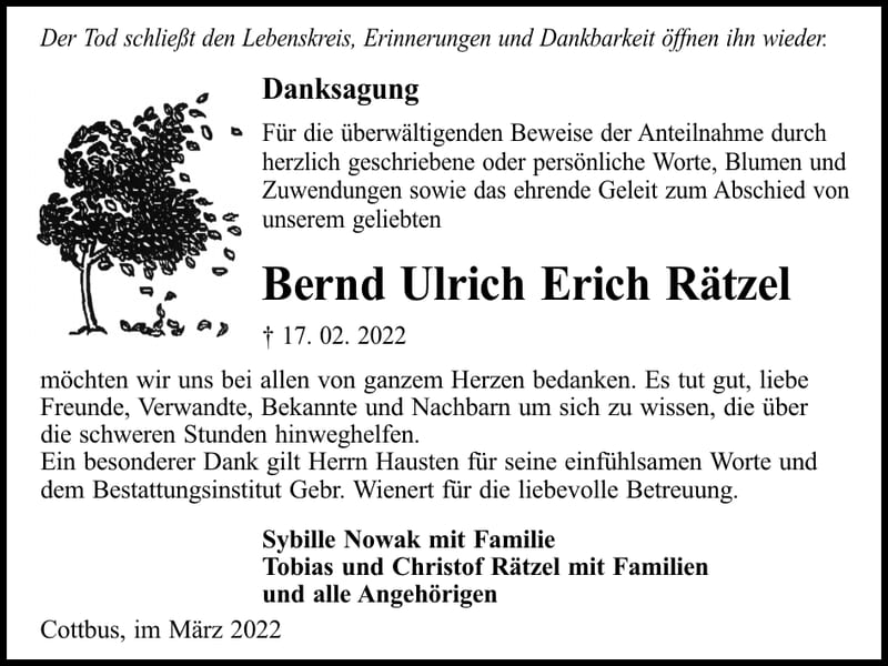 Danksagung Bernd Ulrich Erich Rätzel