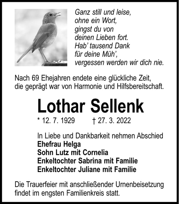 Traueranzeige Lothar Sellenk