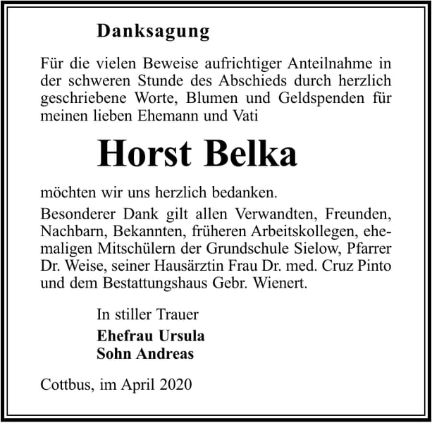 Danksagung Horst Belka