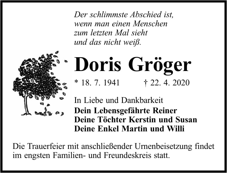 Traueranzeige Doris Gröger